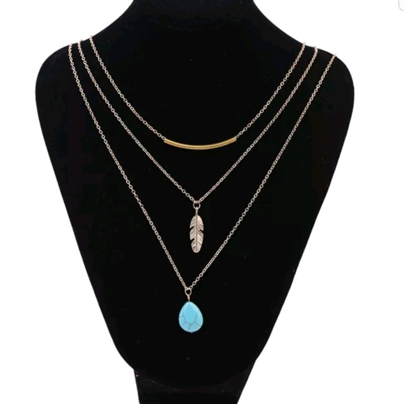 JazzingUpJenn Jewelry - Layered Turquoise Stone Feather Necklace Gold Tone